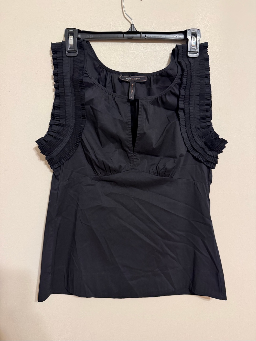 BCBGMaxAzria Black Pleated Ruffle Silk Blouse V Neck Cap Sleeve S
